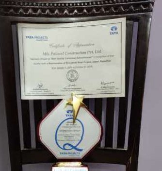 Certificate of Appreciation from Tata Projects, with the World Quality trophy