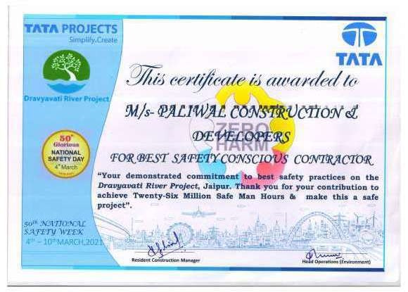 Tata Projects certificate naming Paliwal Construction and Developers Best Safety Conscious Contractor